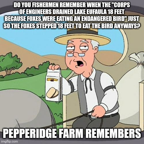 Easter churches bombed.  Parisiners told media "we will have Easter Services next week." Now the foxes know when to attack again | DO YOU FISHERMEN REMEMBER WHEN THE "CORPS OF ENGINEERS DRAINED LAKE EUFAULA 18 FEET BECAUSE FOXES WERE EATING AN ENDANGERED BIRD" JUST SO THE FOXES STEPPED 18 FEET TO EAT THE BIRD ANYWAYS? PEPPERIDGE FARM REMEMBERS | image tagged in memes,pepperidge farm remembers | made w/ Imgflip meme maker