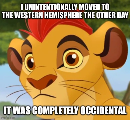 occidental /ˌäksəˈden(t)l/ adjective: relating to the countries of the West. | I UNINTENTIONALLY MOVED TO THE WESTERN HEMISPHERE THE OTHER DAY; IT WAS COMPLETELY OCCIDENTAL | image tagged in confused kion,western | made w/ Imgflip meme maker