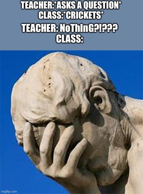 Are these types of teachers most likely the English teacher or history teacher? Or is my school just more annoying? | TEACHER:*ASKS A QUESTION*
CLASS:*CRICKETS*; TEACHER: NoThInG?!???
CLASS: | image tagged in groan facepalm | made w/ Imgflip meme maker