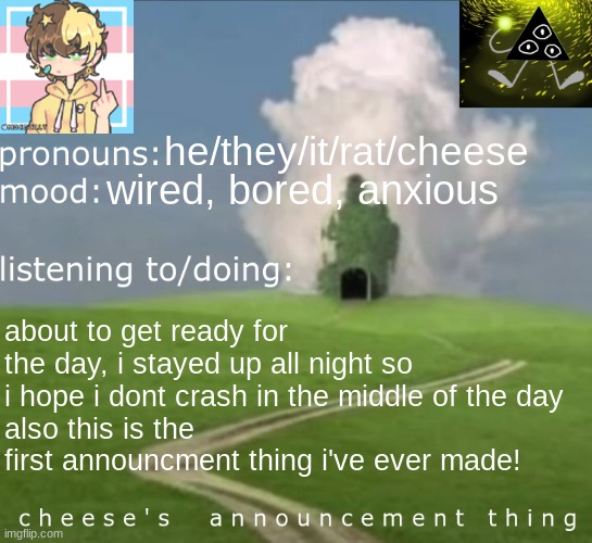 my first announcement thingy! | he/they/it/rat/cheese; wired, bored, anxious; about to get ready for the day, i stayed up all night so i hope i dont crash in the middle of the day
also this is the first announcment thing i've ever made! | image tagged in cheese | made w/ Imgflip meme maker