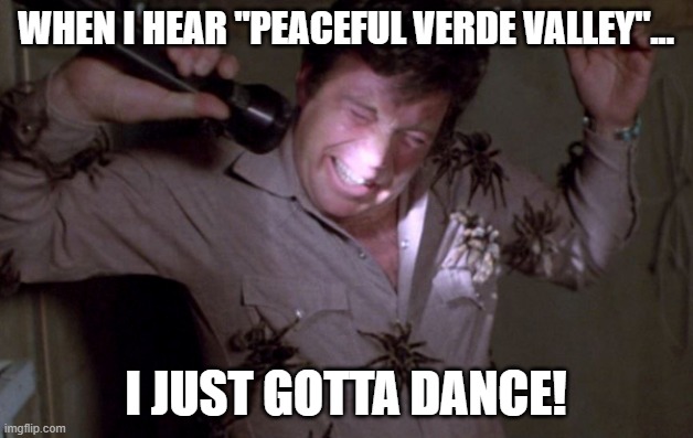 peaceful verde valley | WHEN I HEAR "PEACEFUL VERDE VALLEY"... I JUST GOTTA DANCE! | image tagged in william shatner,kingdom of the spiders,verde valley | made w/ Imgflip meme maker