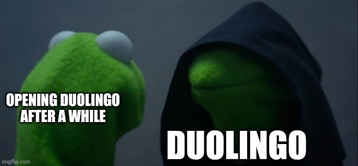 Duolingo is a frog? | OPENING DUOLINGO AFTER A WHILE; DUOLINGO | image tagged in memes,evil kermit | made w/ Imgflip meme maker