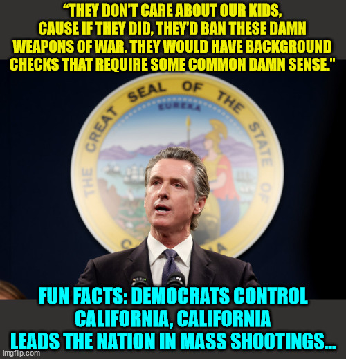 Welcome to Kommifornia irony... | “THEY DON’T CARE ABOUT OUR KIDS, CAUSE IF THEY DID, THEY’D BAN THESE DAMN WEAPONS OF WAR. THEY WOULD HAVE BACKGROUND CHECKS THAT REQUIRE SOME COMMON DAMN SENSE.”; FUN FACTS: DEMOCRATS CONTROL CALIFORNIA, CALIFORNIA LEADS THE NATION IN MASS SHOOTINGS… | image tagged in gavin,democrat,irony | made w/ Imgflip meme maker