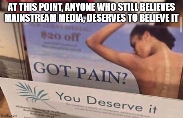 Got pain you deserve it | AT THIS POINT, ANYONE WHO STILL BELIEVES MAINSTREAM MEDIA, DESERVES TO BELIEVE IT | image tagged in got pain you deserve it | made w/ Imgflip meme maker