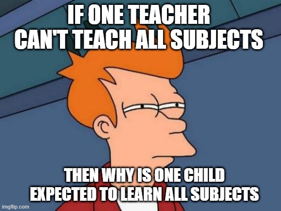 Futurama Fry | IF ONE TEACHER CAN'T TEACH ALL SUBJECTS; THEN WHY IS ONE CHILD EXPECTED TO LEARN ALL SUBJECTS | image tagged in memes,futurama fry | made w/ Imgflip meme maker
