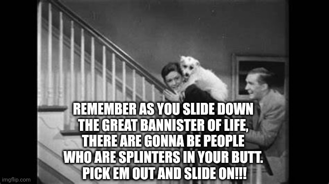 Life | REMEMBER AS YOU SLIDE DOWN 
THE GREAT BANNISTER OF LIFE, 
THERE ARE GONNA BE PEOPLE 
WHO ARE SPLINTERS IN YOUR BUTT. 
PICK EM OUT AND SLIDE ON!!! | image tagged in life | made w/ Imgflip meme maker