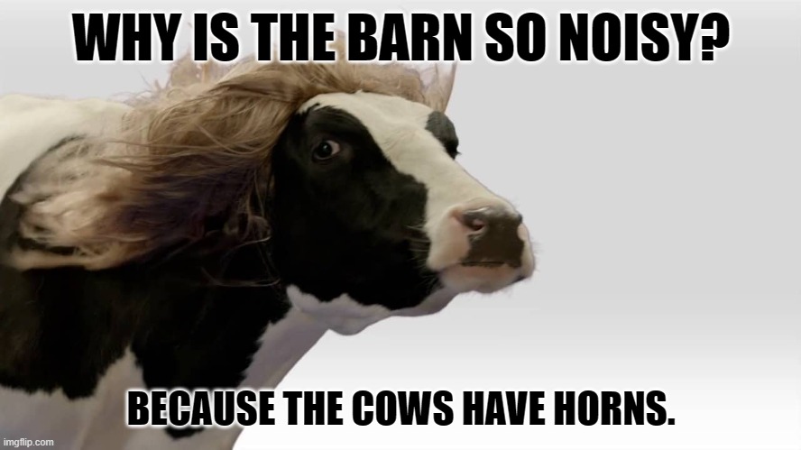 Daily Bad Dad Joke April 10 2023 | WHY IS THE BARN SO NOISY? BECAUSE THE COWS HAVE HORNS. | image tagged in fabio cow | made w/ Imgflip meme maker