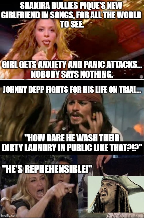 Double standard much? | SHAKIRA BULLIES PIQUE'S NEW 
GIRLFRIEND IN SONGS, FOR ALL THE WORLD 
TO SEE. GIRL GETS ANXIETY AND PANIC ATTACKS...
NOBODY SAYS NOTHING. JOHNNY DEPP FIGHTS FOR HIS LIFE ON TRIAL... "HOW DARE HE WASH THEIR DIRTY LAUNDRY IN PUBLIC LIKE THAT?!?"; "HE'S REPREHENSIBLE!" | image tagged in memes,karen carpenter and smudge cat,double standard,johnny depp,shakira,dirty laundry | made w/ Imgflip meme maker
