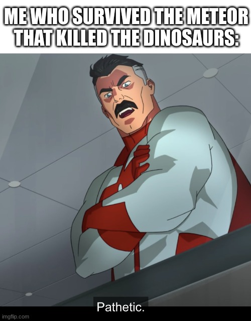 Omniman Pathetic | ME WHO SURVIVED THE METEOR THAT KILLED THE DINOSAURS: | image tagged in omniman pathetic | made w/ Imgflip meme maker