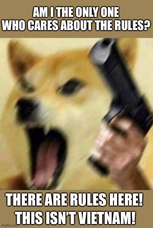 Angry doge with gun | AM I THE ONLY ONE WHO CARES ABOUT THE RULES? THERE ARE RULES HERE! THIS ISN’T VIETNAM! | image tagged in angry doge with gun | made w/ Imgflip meme maker