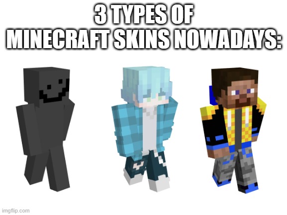 It's always a crappy smiley, a well-detailed skin, or literally steve (perhaps with some modifications) :P | 3 TYPES OF MINECRAFT SKINS NOWADAYS: | image tagged in blank white template | made w/ Imgflip meme maker