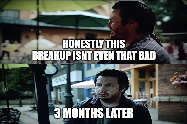 Emotions after after a breakup | HONESTLY THIS BREAKUP ISNT EVEN THAT BAD; 3 MONTHS LATER | image tagged in memes | made w/ Imgflip meme maker