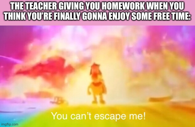 Mario movie you can’t escape me | THE TEACHER GIVING YOU HOMEWORK WHEN YOU THINK YOU’RE FINALLY GONNA ENJOY SOME FREE TIME: | image tagged in mario movie you can t escape me,school,homework | made w/ Imgflip meme maker