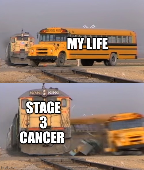 A train hitting a school bus | MY LIFE; STAGE 3 CANCER | image tagged in a train hitting a school bus | made w/ Imgflip meme maker