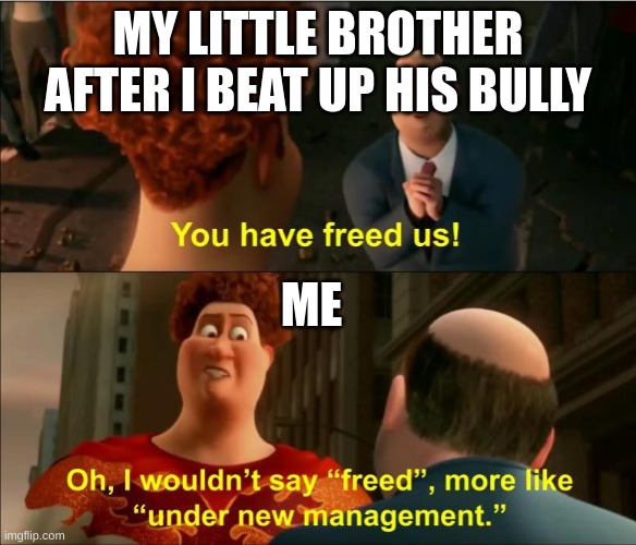 My lil bro is mine now | MY LITTLE BROTHER AFTER I BEAT UP HIS BULLY; ME | image tagged in under new management | made w/ Imgflip meme maker