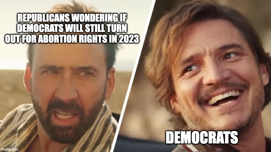 Nick Cage and Pedro pascal | REPUBLICANS WONDERING IF DEMOCRATS WILL STILL TURN OUT FOR ABORTION RIGHTS IN 2023; DEMOCRATS | image tagged in nick cage and pedro pascal | made w/ Imgflip meme maker