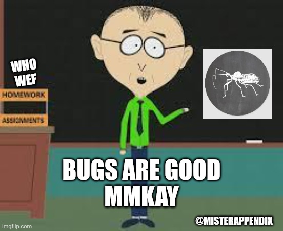 Bugs are good mmkay | WHO
WEF; BUGS ARE GOOD
MMKAY; @MISTERAPPENDIX | image tagged in mmkay,bugs are good,great reset,klaus,gates,soros | made w/ Imgflip meme maker