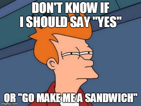 Futurama Fry Meme | DON'T KNOW IF I SHOULD SAY "YES"  OR "GO MAKE ME A SANDWICH" | image tagged in memes,futurama fry | made w/ Imgflip meme maker