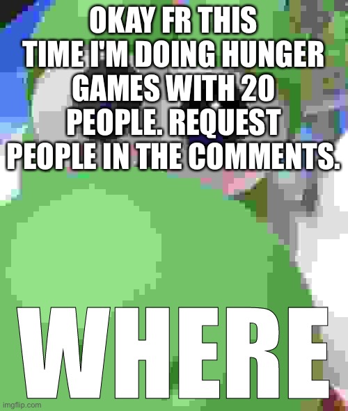 Yoshi Where | OKAY FR THIS TIME I'M DOING HUNGER GAMES WITH 20 PEOPLE. REQUEST PEOPLE IN THE COMMENTS. | image tagged in yoshi where | made w/ Imgflip meme maker