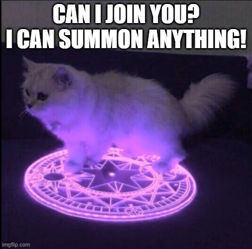 Demonic Little Grey Cat | CAN I JOIN YOU? I CAN SUMMON ANYTHING! | image tagged in demonic little grey cat | made w/ Imgflip meme maker