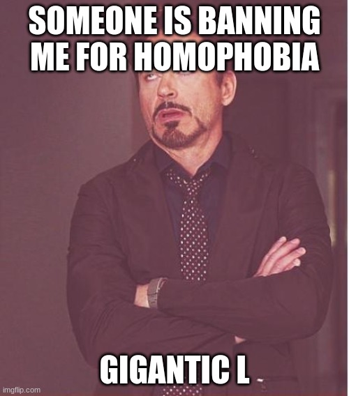 Face You Make Robert Downey Jr | SOMEONE IS BANNING ME FOR HOMOPHOBIA; GIGANTIC L | image tagged in memes,face you make robert downey jr | made w/ Imgflip meme maker