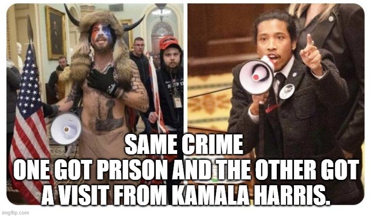 Same crime. One got prison and the other got a visit from Kamala Harris. | SAME CRIME 
ONE GOT PRISON AND THE OTHER GOT A VISIT FROM KAMALA HARRIS. | image tagged in kamala harris,gun control | made w/ Imgflip meme maker