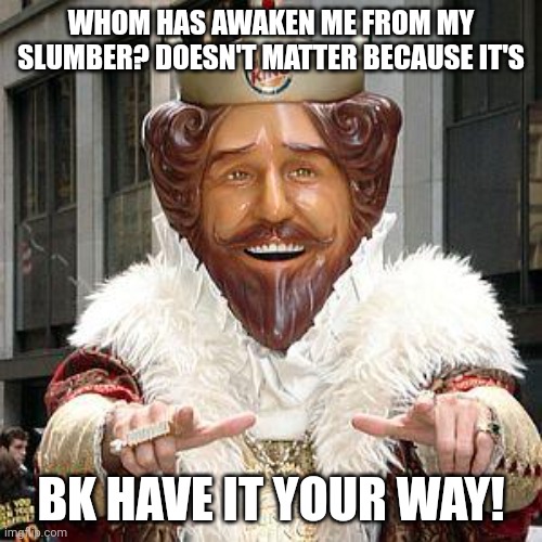 burger king | WHOM HAS AWAKEN ME FROM MY SLUMBER? DOESN'T MATTER BECAUSE IT'S BK HAVE IT YOUR WAY! | image tagged in burger king | made w/ Imgflip meme maker