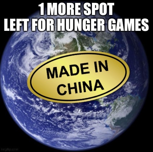 Earth Was Made In China | 1 MORE SPOT LEFT FOR HUNGER GAMES | image tagged in earth was made in china | made w/ Imgflip meme maker