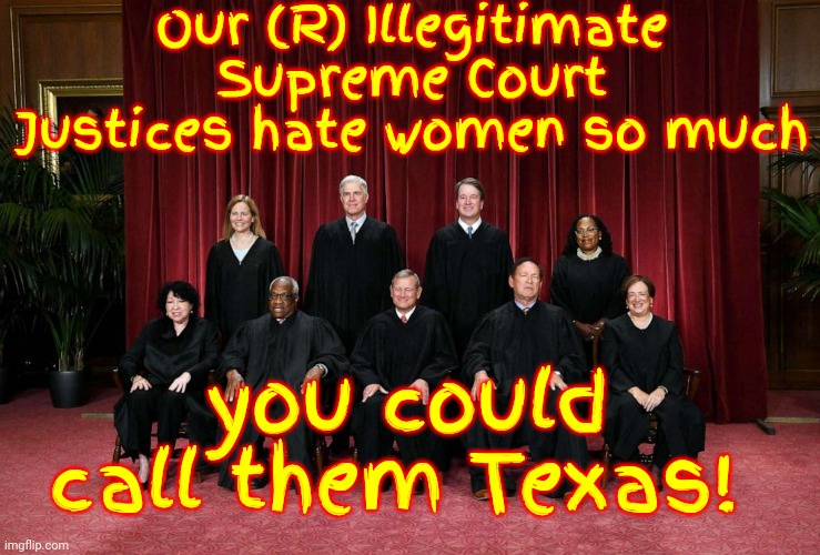 NO ONE IS ABOVE REPROACH!  NO ONE! | Our (R) Illegitimate Supreme Court Justices hate women so much; you could call them Texas! | image tagged in women's rights,illegitimate justices,impeach thomas,strong women,supreme court,memes | made w/ Imgflip meme maker