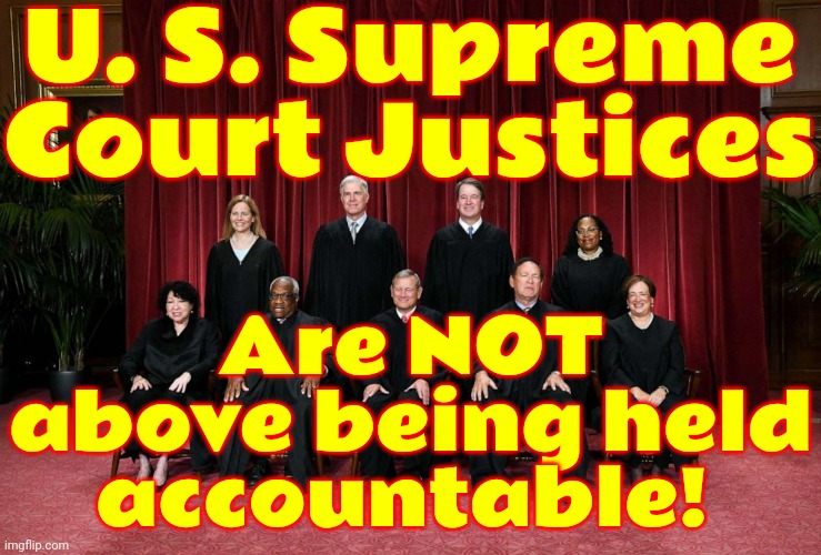 Their POSITION Is Protected By The Constitution THEY Are Not!  CLEARLY THEY'RE NOT ABOVE REPROACH | U. S. Supreme Court Justices; Are NOT above being held accountable! | image tagged in supreme court,supreme court justices,accountability,above reproach my eye,investigate him and his wife,memes | made w/ Imgflip meme maker