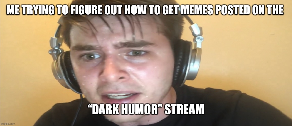 Sweaty gamer | ME TRYING TO FIGURE OUT HOW TO GET MEMES POSTED ON THE; “DARK HUMOR” STREAM | image tagged in sweaty gamer | made w/ Imgflip meme maker