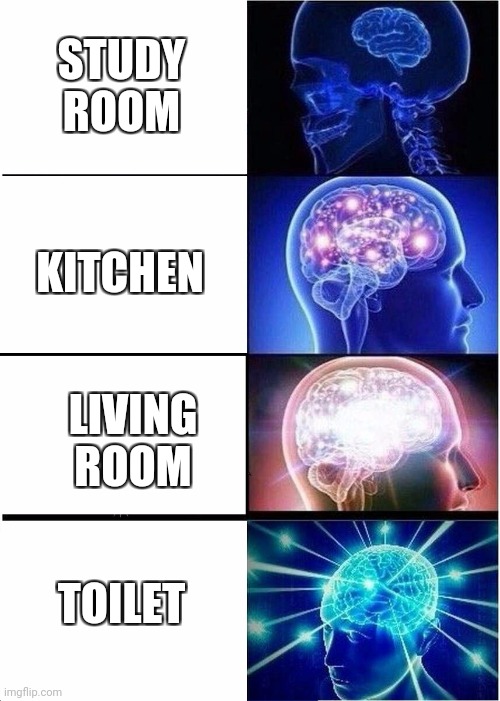 Expanding Brain | STUDY ROOM; KITCHEN; LIVING ROOM; TOILET | image tagged in memes,expanding brain | made w/ Imgflip meme maker