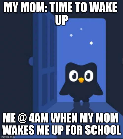Duolingo bird | MY MOM: TIME TO WAKE 
UP; ME @ 4AM WHEN MY MOM 
WAKES ME UP FOR SCHOOL | image tagged in duolingo bird | made w/ Imgflip meme maker