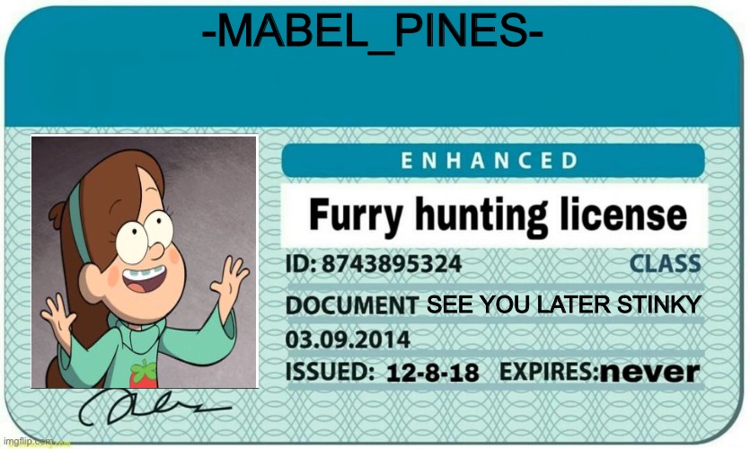 furry hunting license | -MABEL_PINES-; SEE YOU LATER STINKY | image tagged in furry hunting license | made w/ Imgflip meme maker