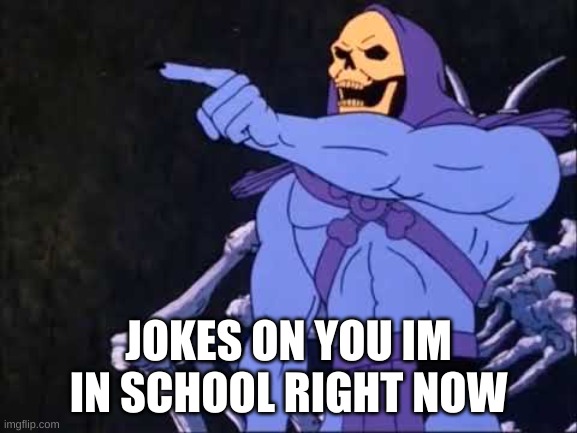 Skeletor | JOKES ON YOU IM IN SCHOOL RIGHT NOW | image tagged in skeletor | made w/ Imgflip meme maker