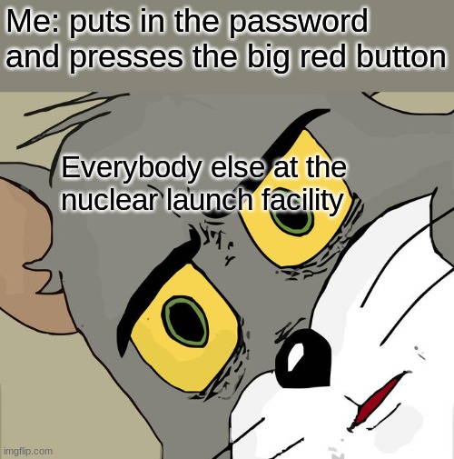 Unsettled Tom | Me: puts in the password and presses the big red button; Everybody else at the nuclear launch facility | image tagged in memes,unsettled tom | made w/ Imgflip meme maker