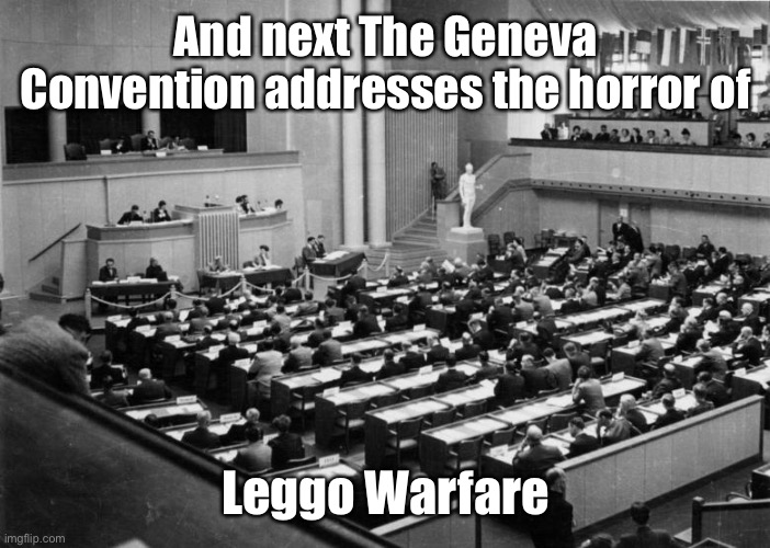 Geneva Convention | And next The Geneva Convention addresses the horror of Leggo Warfare | image tagged in geneva convention | made w/ Imgflip meme maker