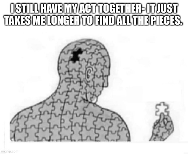 ONE MISSING PIECE, JIGSAW PUZZLE HEAD | I STILL HAVE MY ACT TOGETHER- IT JUST TAKES ME LONGER TO FIND ALL THE PIECES. | image tagged in one missing piece jigsaw puzzle head | made w/ Imgflip meme maker