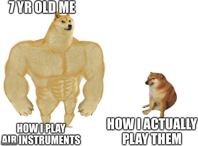 Buff doge and cheems | 7 YR OLD ME; HOW I ACTUALLY PLAY THEM; HOW I PLAY AIR INSTRUMENTS | image tagged in big dog small dog | made w/ Imgflip meme maker