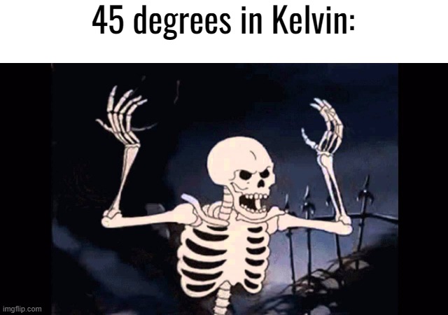 Angry skeleton | 45 degrees in Kelvin: | image tagged in angry skeleton | made w/ Imgflip meme maker
