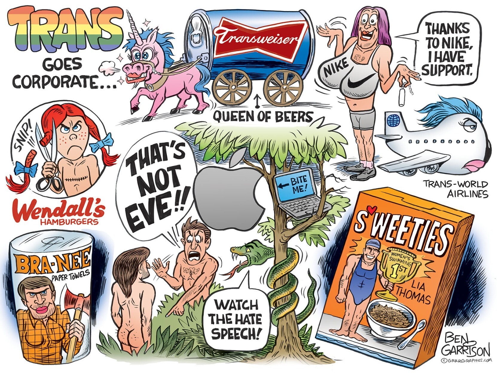 Ben Garrison on Adam & Steve | image tagged in ben garrison,cartoons,political cartoons,tired of hearing about transgenders,transweiser,transheuser busch | made w/ Imgflip meme maker