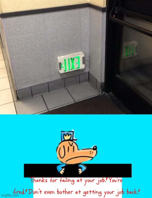 Upside down exit sign placement fail | image tagged in dog man thanks for failing at your job,upside down,exit sign,exit,you had one job,memes | made w/ Imgflip meme maker