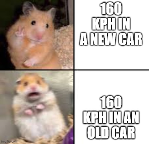 Fast | 160 KPH IN A NEW CAR; 160 KPH IN AN OLD CAR | image tagged in scared hamster | made w/ Imgflip meme maker