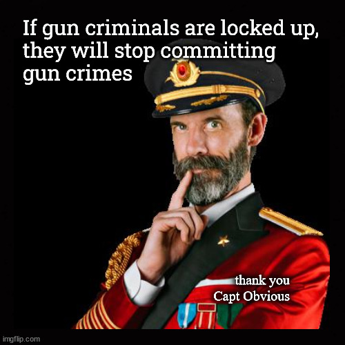 Just lock them up ... | If gun criminals are locked up, 
they will stop committing 
gun crimes; thank you
Capt Obvious | image tagged in captain obvious,gun crimes | made w/ Imgflip meme maker