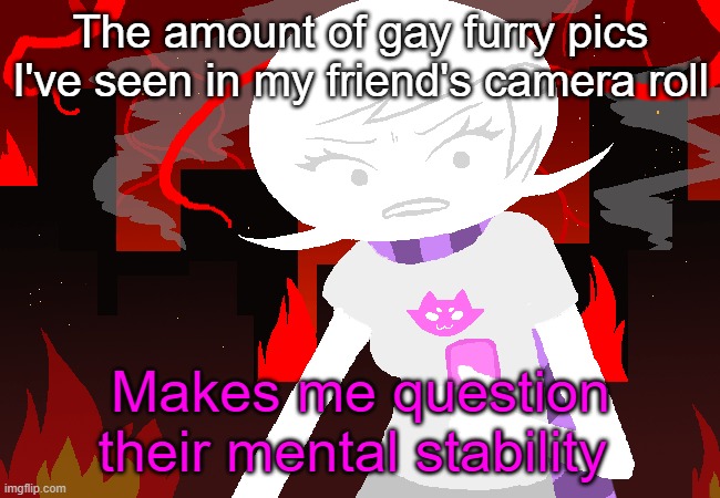 Bro also has stacks of hentai mangas like wtf | The amount of gay furry pics I've seen in my friend's camera roll; Makes me question their mental stability | image tagged in roxy lalonde mad | made w/ Imgflip meme maker
