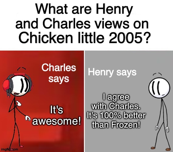 Henry and Charles Views | Chicken little 2005? I agree with Charles. It's 100% better than Frozen! It's awesome! | image tagged in henry and charles views | made w/ Imgflip meme maker