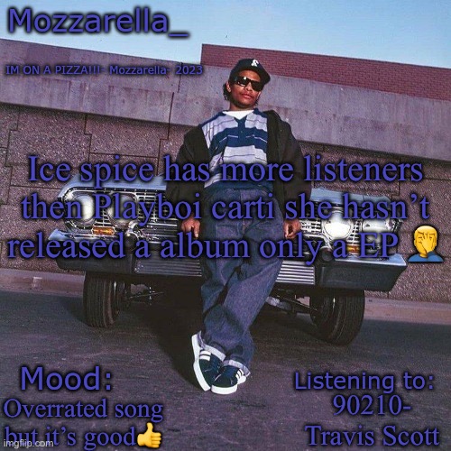 Eazy-E Temp | Ice spice has more listeners then Playboi carti she hasn’t released a album only a EP 🤦‍♂️; 90210- Travis Scott; Overrated song but it’s good👍 | image tagged in eazy-e temp | made w/ Imgflip meme maker