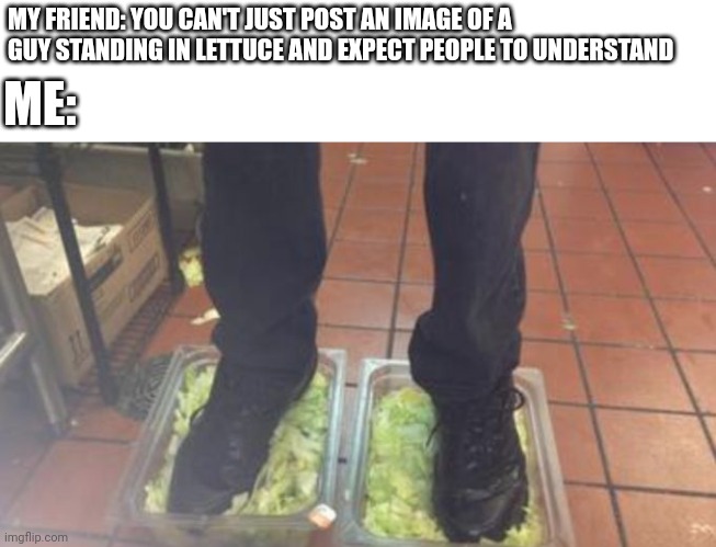 I wonder if lettuce can get on the front page again ? | MY FRIEND: YOU CAN'T JUST POST AN IMAGE OF A GUY STANDING IN LETTUCE AND EXPECT PEOPLE TO UNDERSTAND; ME: | image tagged in burger king foot lettuce,lettuce,no you cant just | made w/ Imgflip meme maker
