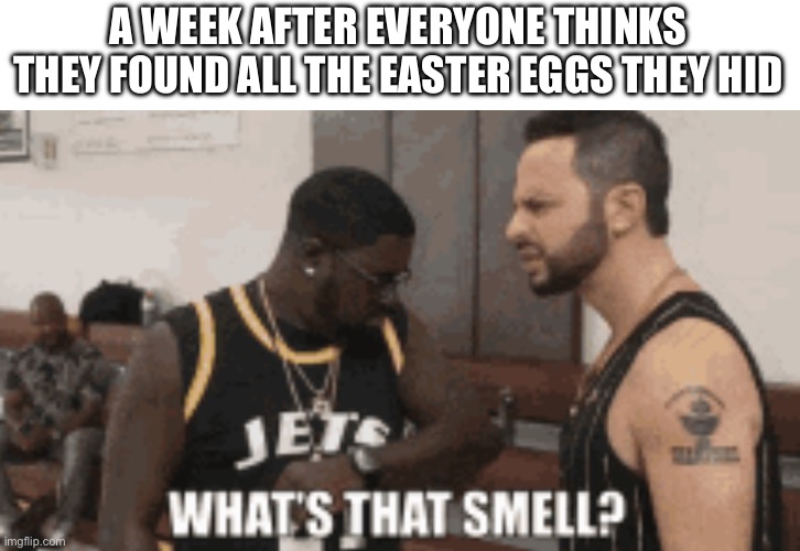 I Hope You Found All The Hidden Easter Eggs | A WEEK AFTER EVERYONE THINKS THEY FOUND ALL THE EASTER EGGS THEY HID | image tagged in what s that smell,easter eggs,easter,stinky,why | made w/ Imgflip meme maker