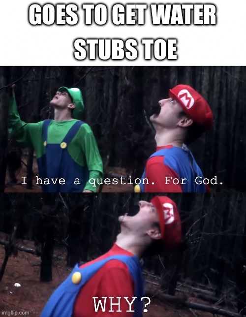 Why | STUBS TOE; GOES TO GET WATER | image tagged in i have a question for god | made w/ Imgflip meme maker